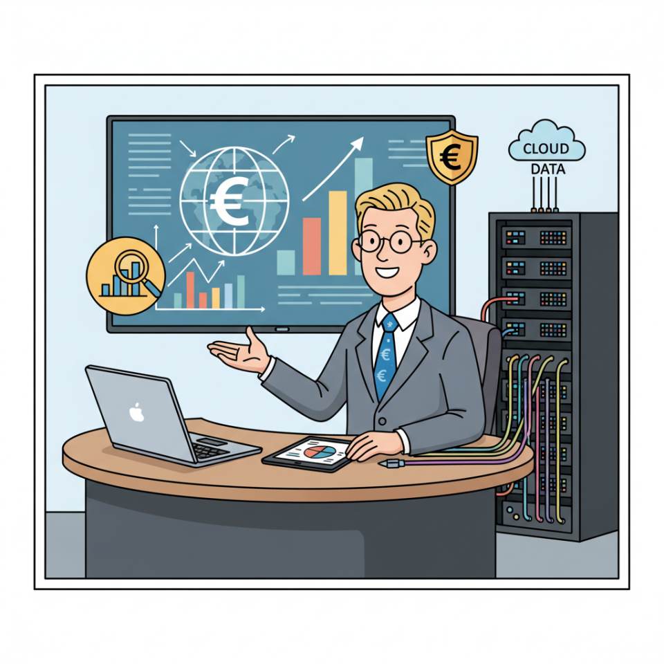 Comic illustration of a financial analyst with charts, laptop, KPIs and market data at a desk