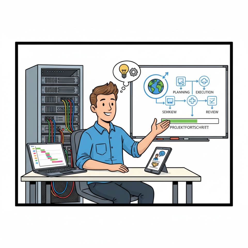 Comic illustration of a project assistant with a laptop, project plan, calendar and meeting documents at a desk in a project office