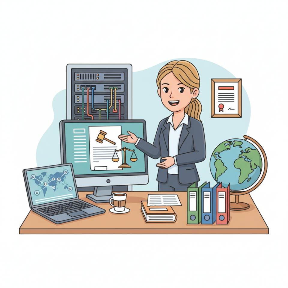 Comic illustration of a legal assistant at a desk with file folders, laptop, deadline calendar and law-firm documents