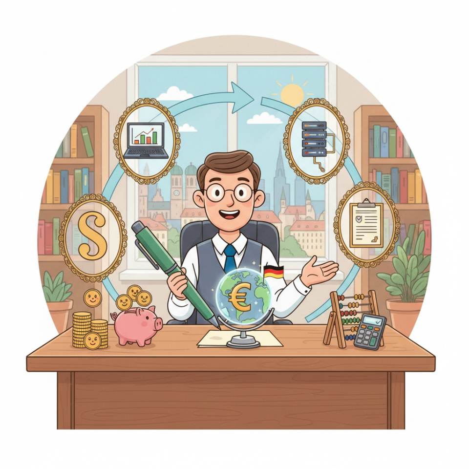 Comic illustration of a tax advisor with documents, calculator and laptop in a bright tax office