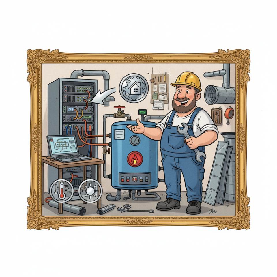 Ilustración tipo cómic de un instalador de calefacción con herramientas y una instalación en la sala de calderas