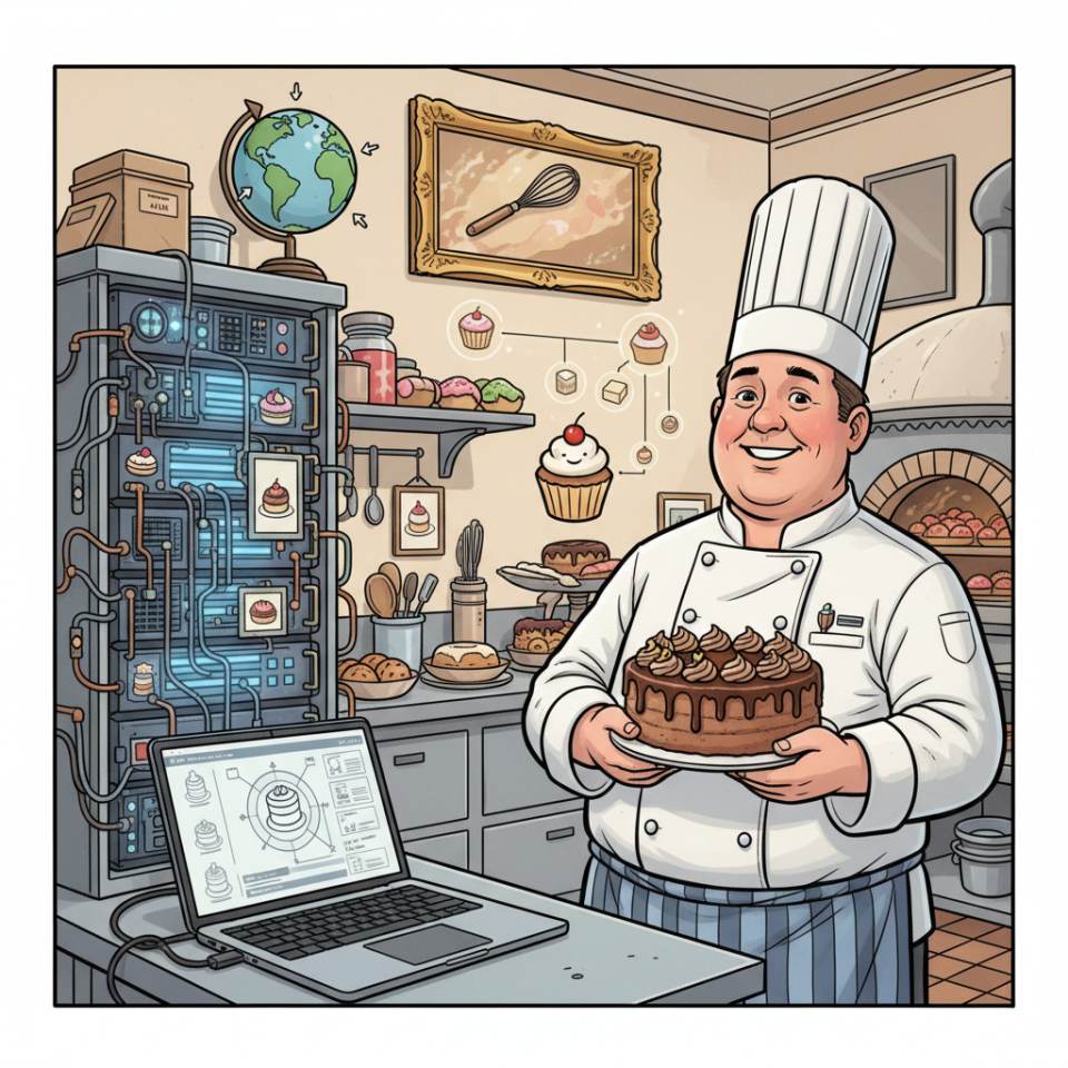 Ilustración cómic de un pastelero con tarta, manga pastelera y bombones en una pastelería