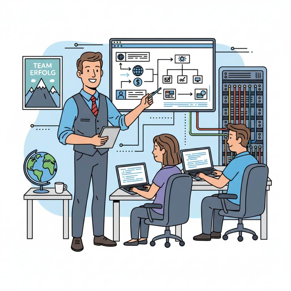 Ilustración cómic de un jefe de equipo con tablet coordinando tareas con su equipo en una oficina moderna