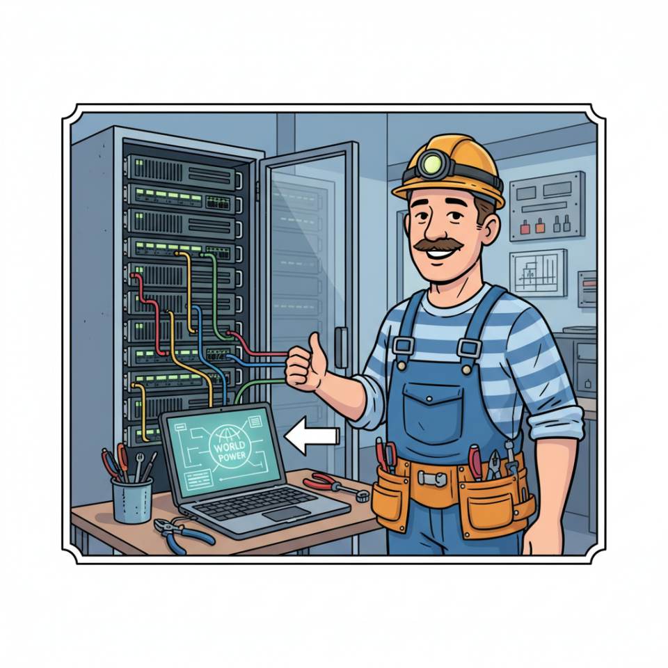 Modern bir elektrik tesisatının önünde aletleri ve şemasıyla çizgi roman tarzında bir elektrikçi